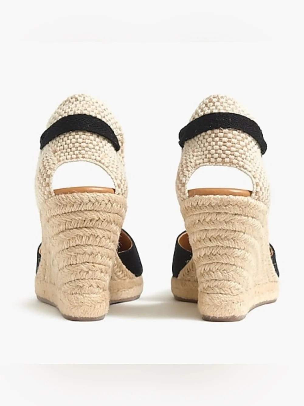 J.Crew Black/Tan Canvas Ankle-Wrap Espadrille Wedges Sz 9.5 round toe